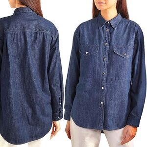 Goldsign Shirt Dark Denim Indigo Blue Jean Chambray Slim Straight High Low Top S